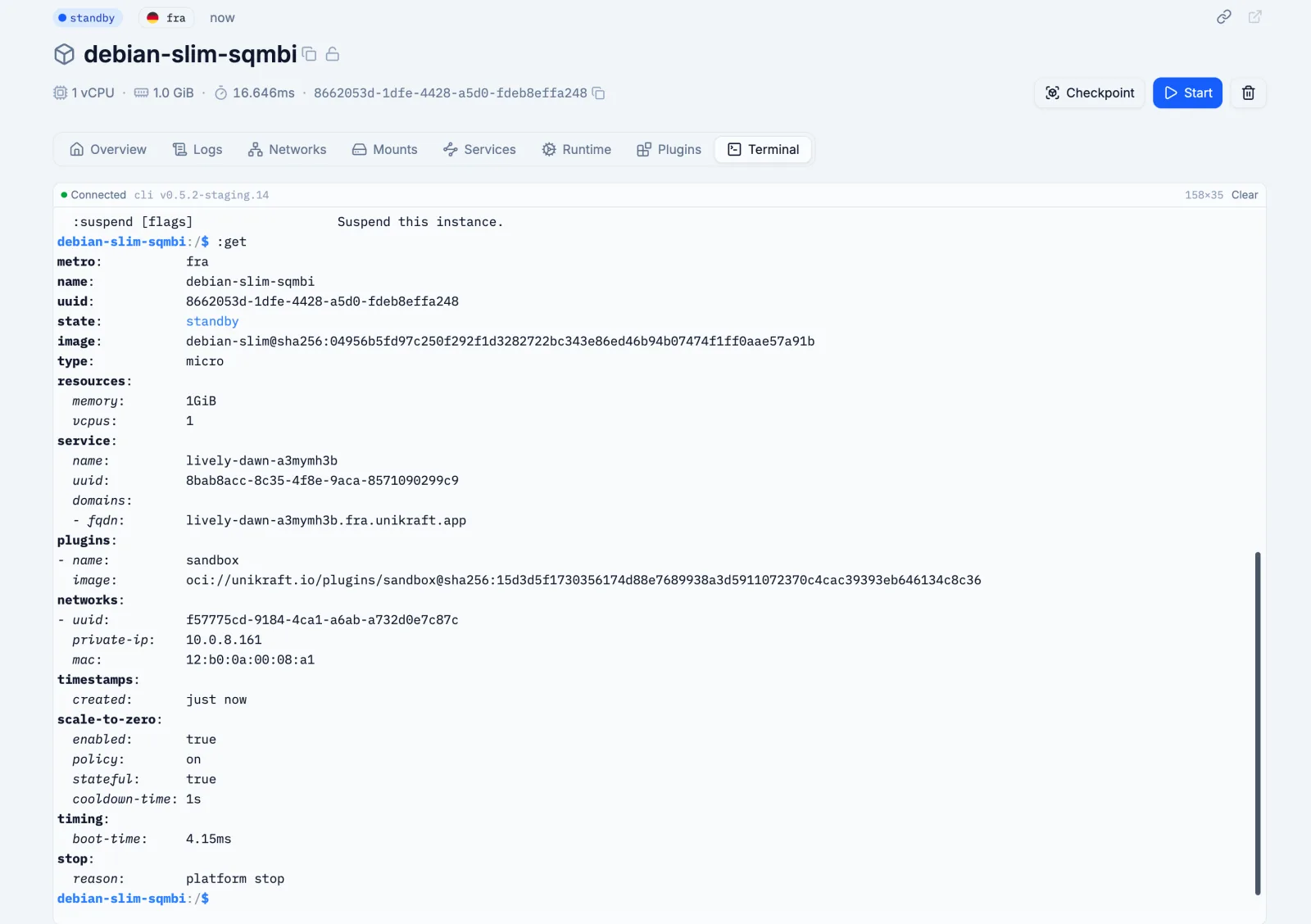 An instance page in the dashboard with a terminal attached to a running microVM, showing its metro, resources, plugins, networks and scale-to-zero settings